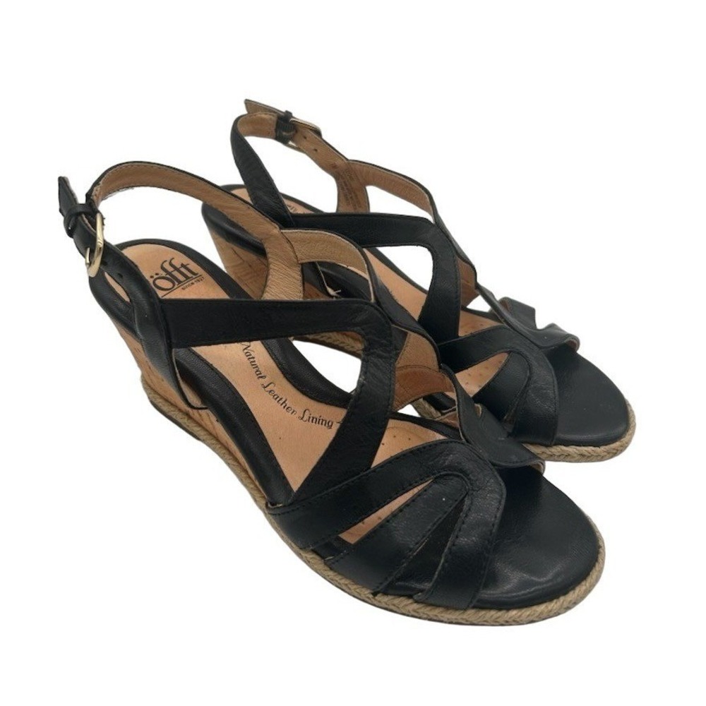 Sofft Wedge Sandals Women's Size 7 M Black Leather Strappy Cork Espadrille
